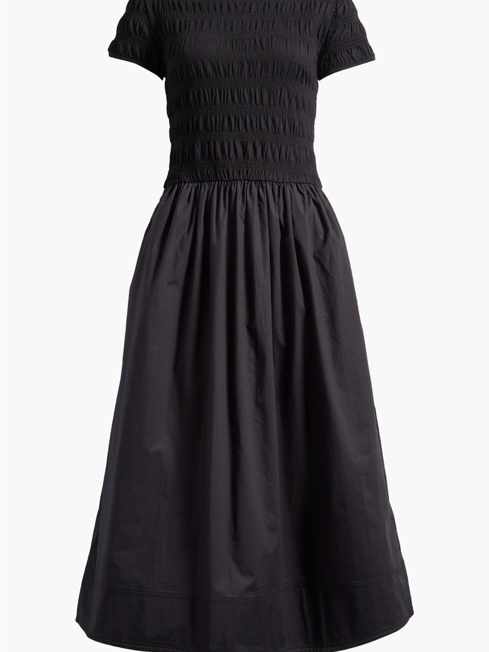 Madewell Smocked Boatneck Black Short-Sleeve Gathered-Waist Midi Dress